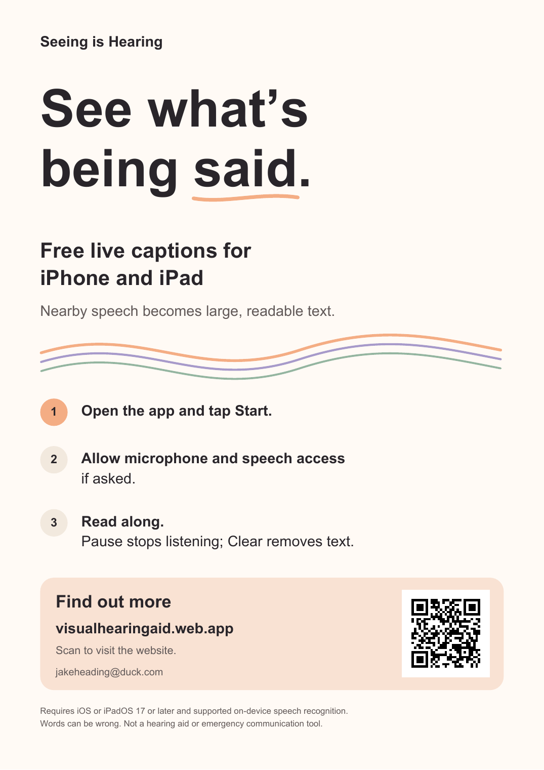 A4 Seeing is Hearing flyer with the headline See what’s being said, a short app introduction and a QR code to this website. Full wording is available in the plain-text download.